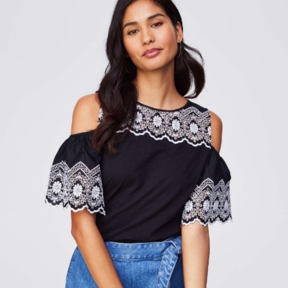 LOFT Black and White Eyelet Cold Shoulder Top XS - Picture 2 of 7